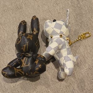 LV Monogram Brown Bunny and Checkered Cream Dog Keychains